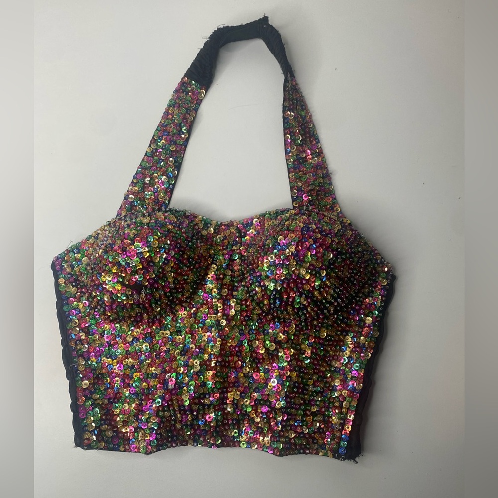 Vintage Fashion Fantasy Multi color sequin halter crop top Bustier Built in bra